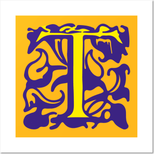 Letter T in yellow with violet ornaments Posters and Art